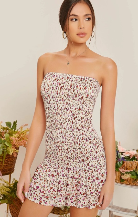 Summer strapless dress. Ruffled Floral print tube dress.