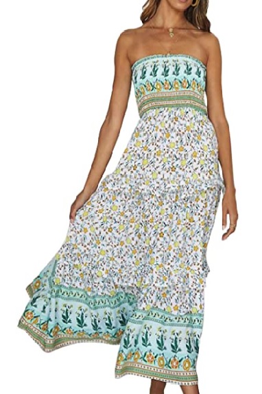 Summer Strapless dress. Bohemian floral print pattern.